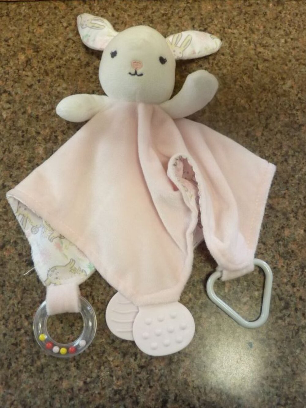 Modern Baby Pink Bunny Snuggle Blanket W/Teeter (size 12 x 18 inches) New.